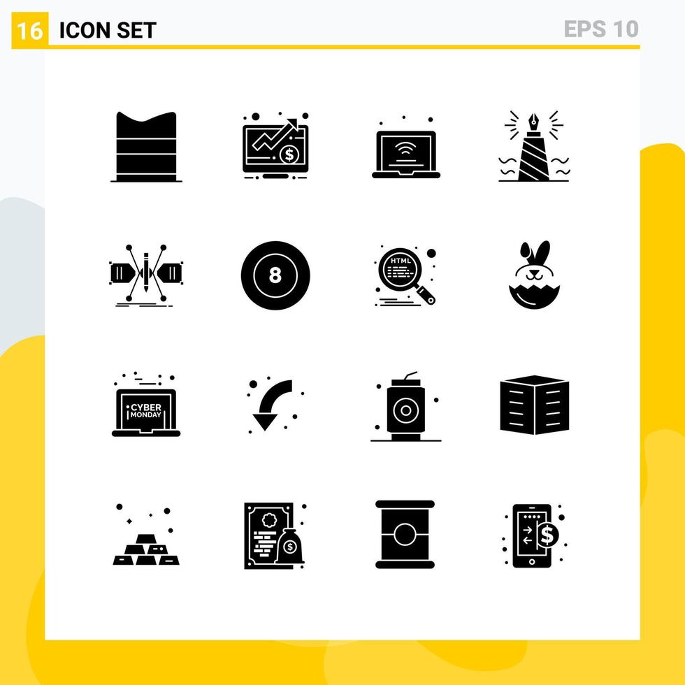 Universal Icon Symbols Group of 16 Modern Solid Glyphs of edit writing laptop write wifi Editable Vector Design Elements
