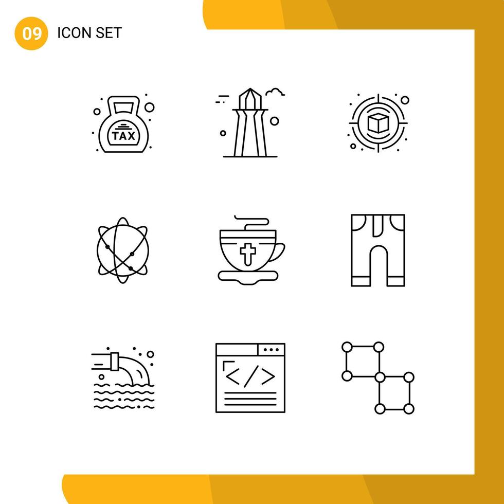 Editable Vector Line Pack of 9 Simple Outlines of tea internet building globe thinking Editable Vector Design Elements