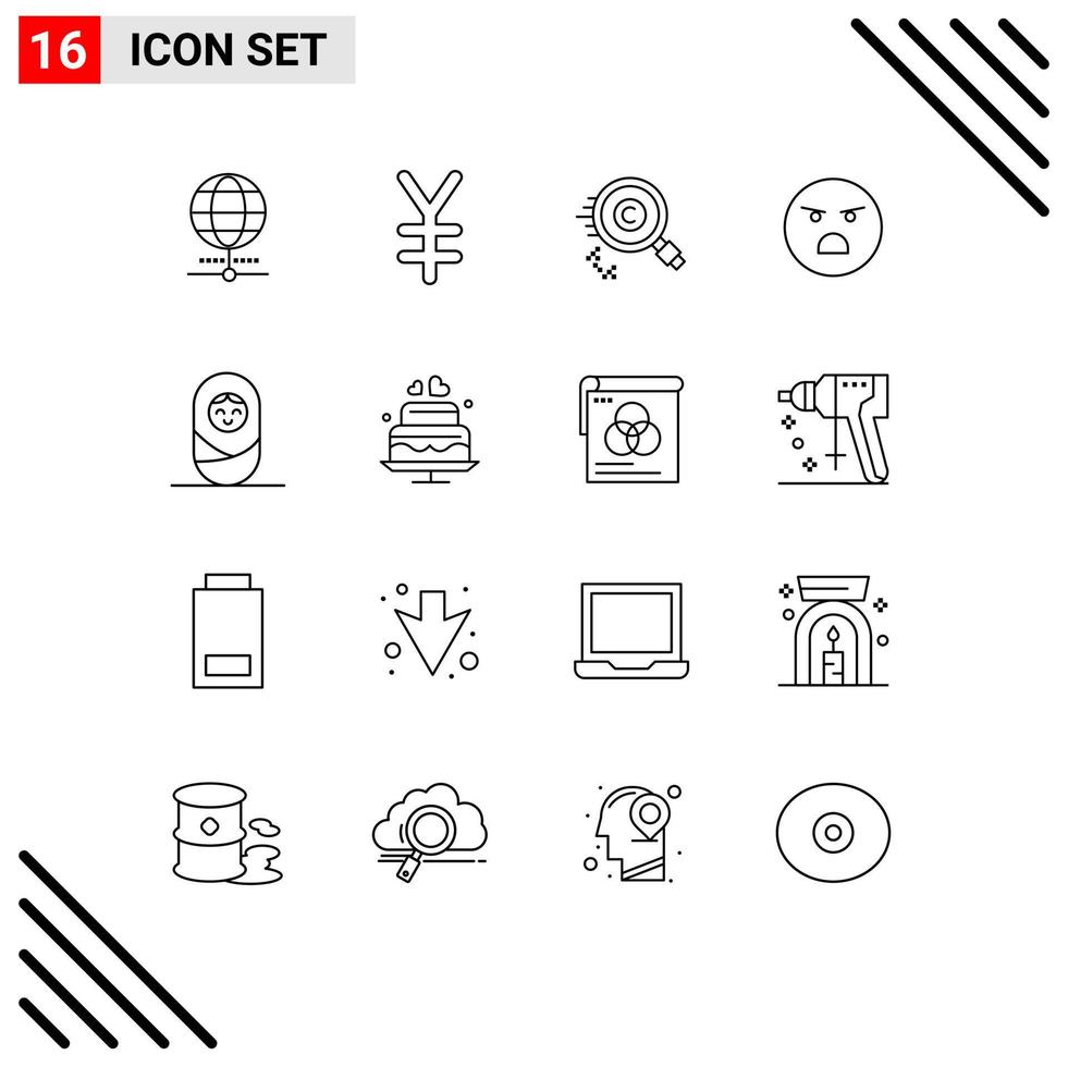 Pack of 16 Modern Outlines Signs and Symbols for Web Print Media such as child feeling copyright faint emoji Editable Vector Design Elements