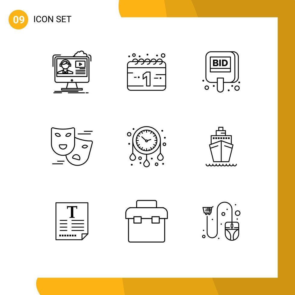 Pictogram Set of 9 Simple Outlines of clock face masks auction comedy tag Editable Vector Design Elements