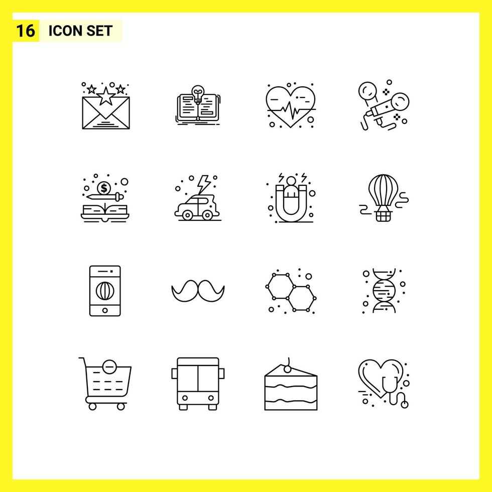 Pictogram Set of 16 Simple Outlines of money cash heart rate book party Editable Vector Design Elements