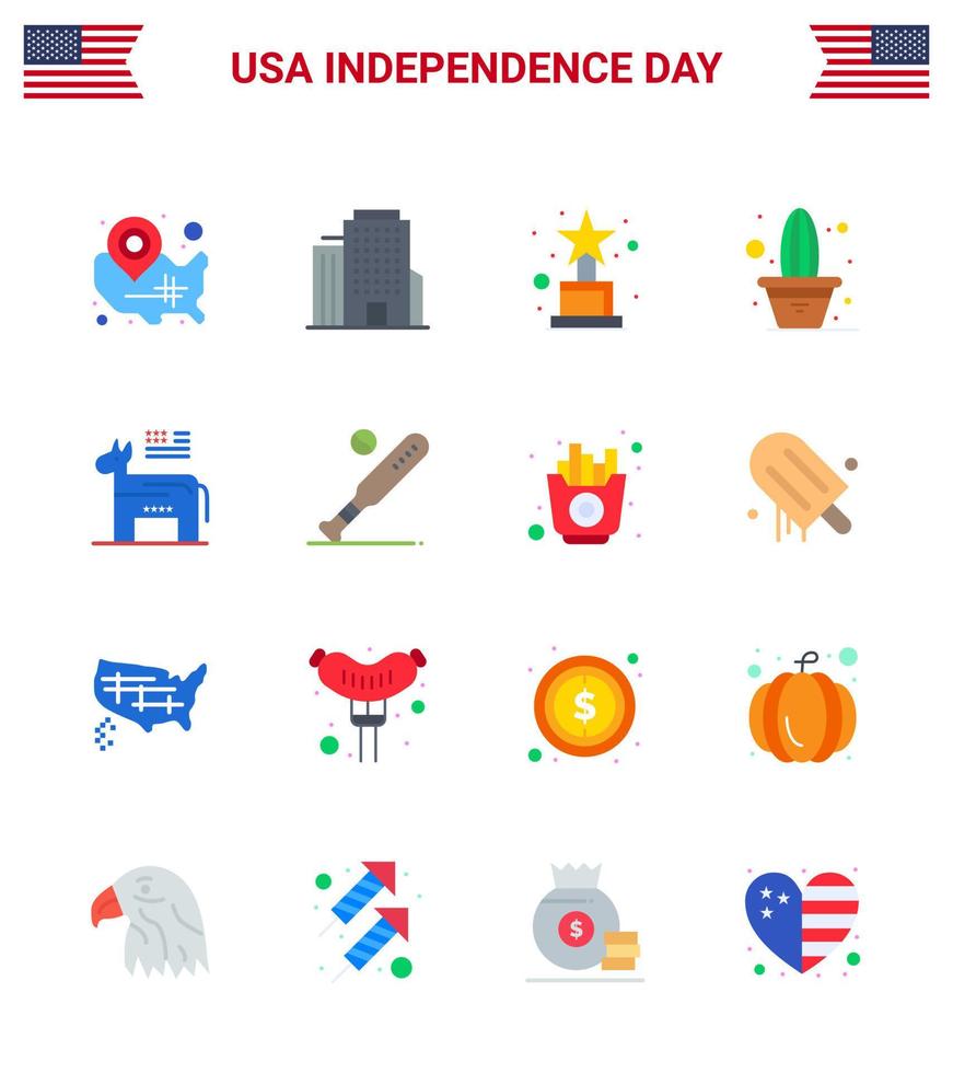 Set of 16 Modern Flats pack on USA Independence Day political donkey achievement pot flower Editable USA Day Vector Design Elements