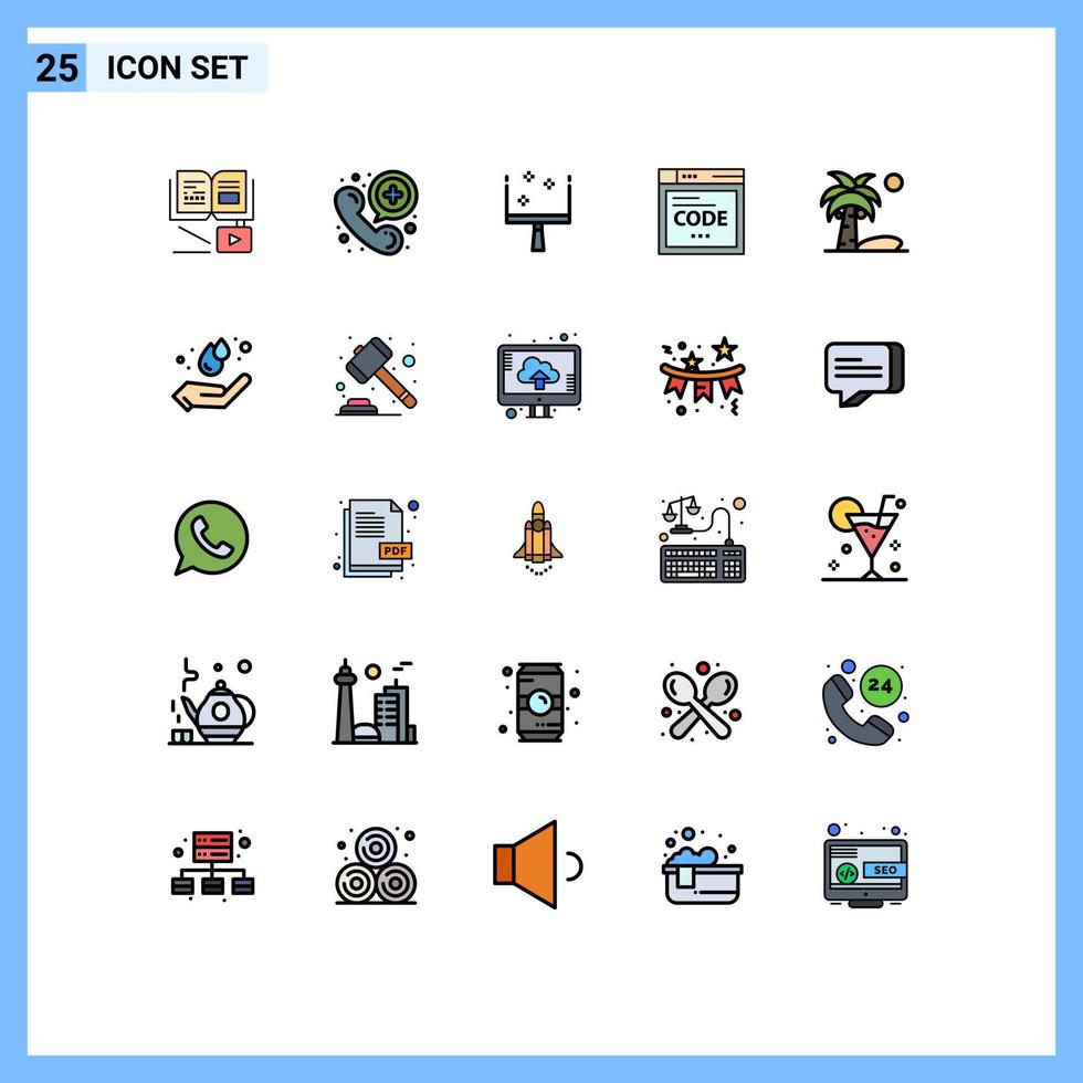 User Interface Pack of 25 Basic Filled line Flat Colors of plant beach broom coding internet Editable Vector Design Elements