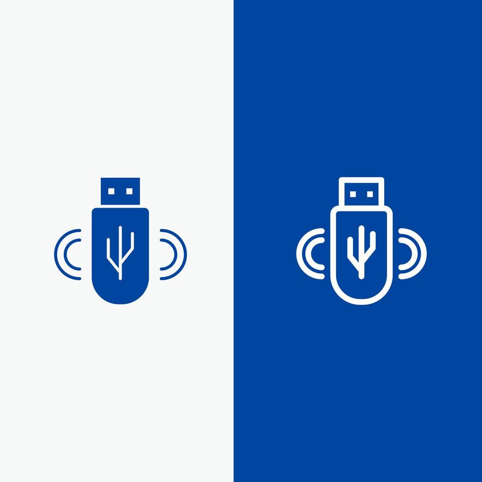 usb compartir línea de almacenamiento de datos y glifo icono sólido banner azul vector