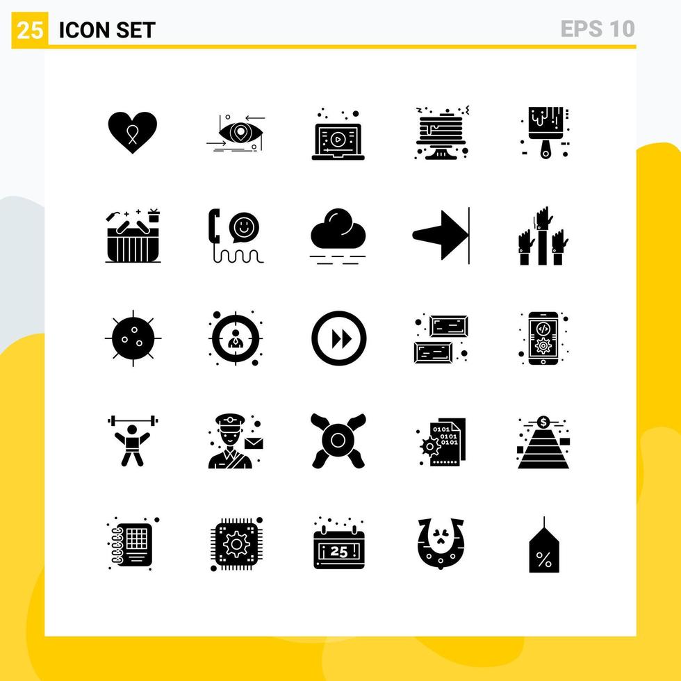 conjunto de pictogramas de 25 glifos sólidos simples de elementos de diseño de vectores editables de video de pastel de tecnología de alimentos de pincel