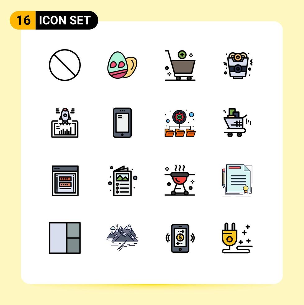 Mobile Interface Flat Color Filled Line Set of 16 Pictograms of startup project cart launch fast food Editable Creative Vector Design Elements