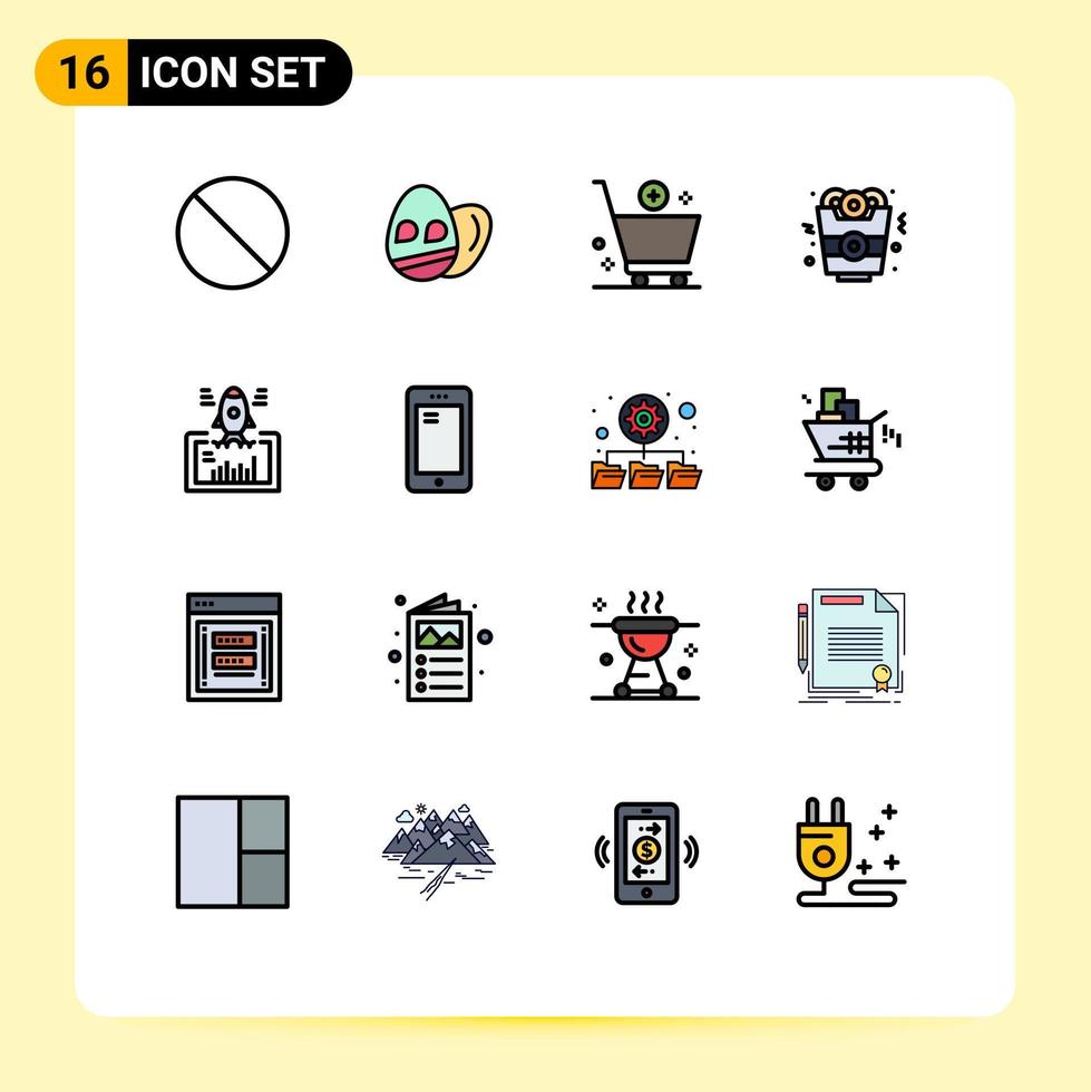 conjunto de líneas rellenas de color plano de interfaz móvil de 16 pictogramas del carrito del proyecto de inicio lanzamiento de elementos de diseño de vectores creativos editables de comida rápida