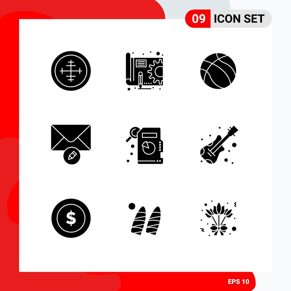Mobile Interface Solid Glyph Set of 9 Pictograms of statistical analysis write gear message sport Editable Vector Design Elements
