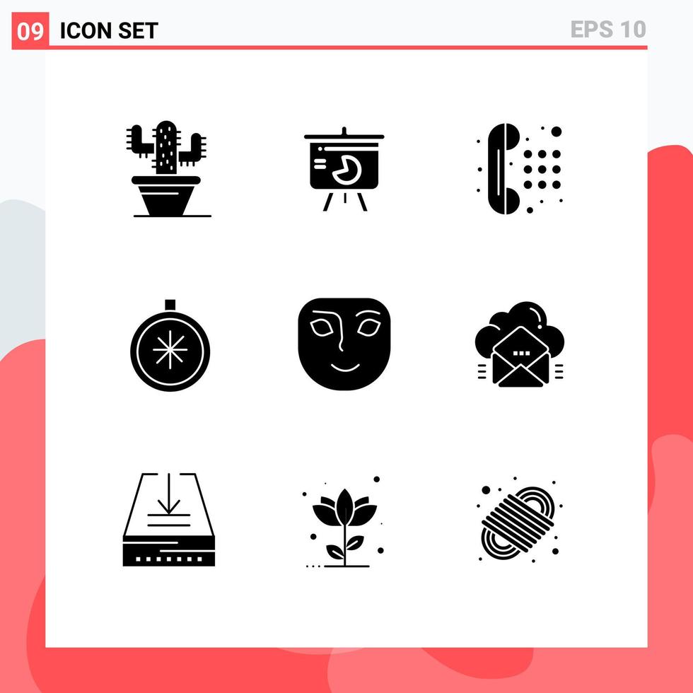 Editable Vector Line Pack of 9 Simple Solid Glyphs of face open communication navigation compass Editable Vector Design Elements