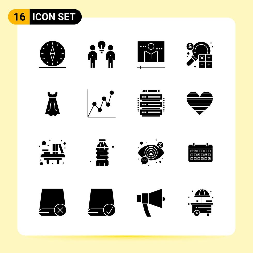 16 íconos creativos para el diseño moderno de sitios web y aplicaciones móviles receptivas. 16 signos de símbolos de glifo sobre fondo blanco. paquete de 16 iconos. vector