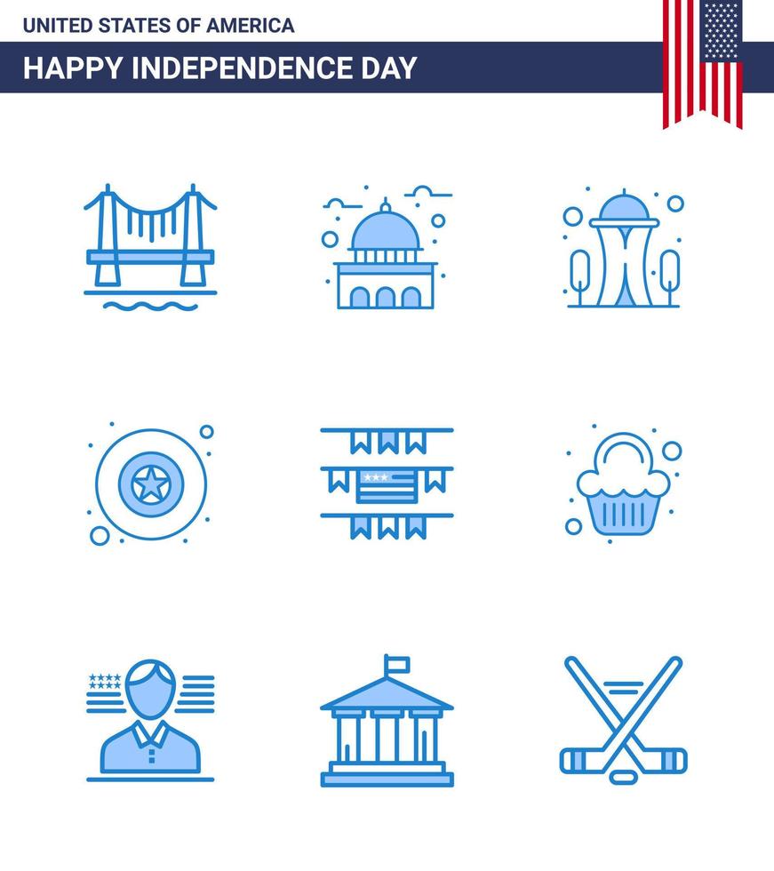 Happy Independence Day USA Pack of 9 Creative Blues of party decoration star white military space Editable USA Day Vector Design Elements