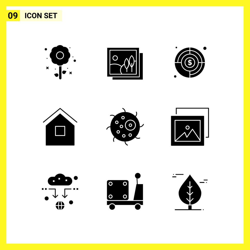 9 Icon Set. Simple Solid Symbols. Glyph Sign on White Background for Website Design Mobile Applications and Print Media. vector