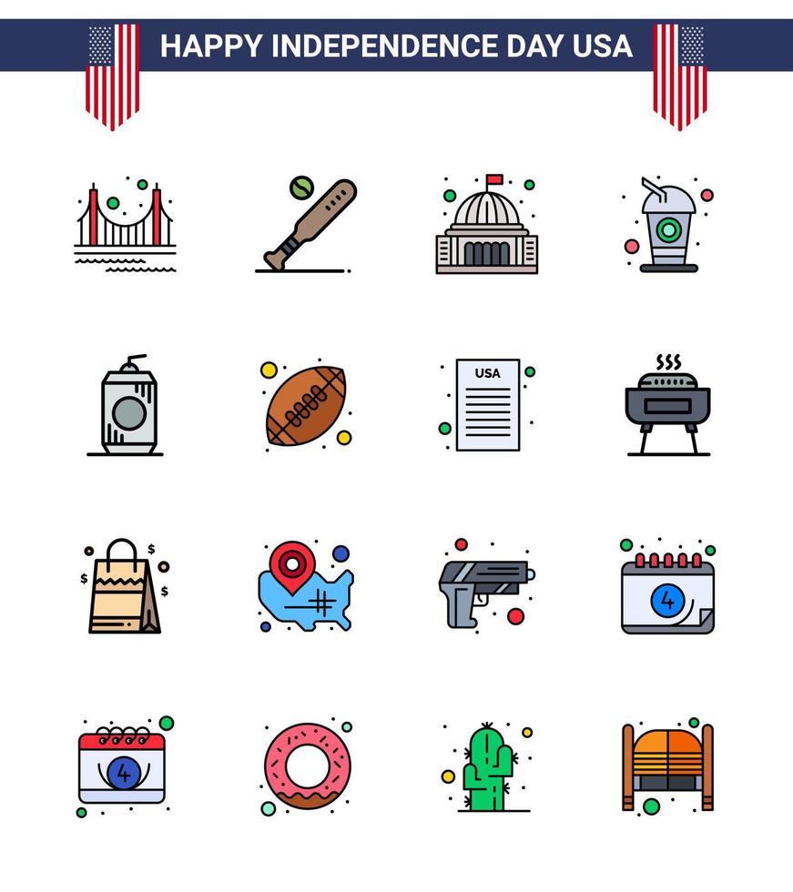 Set of 16 USA Day Icons American Symbols Independence Day Signs for drink bottle sports white house Editable USA Day Vector Design Elements