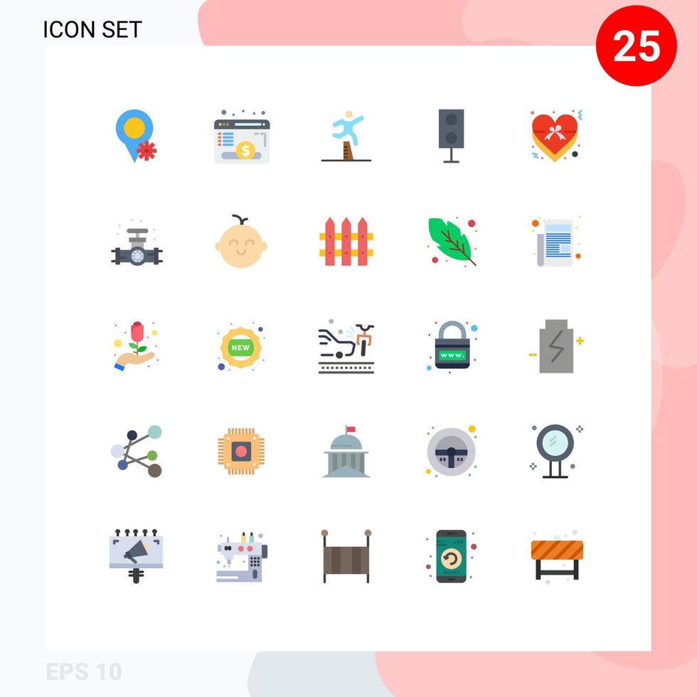 User Interface Pack of 25 Basic Flat Colors of heart speaker jumping products devices Editable Vector Design Elements