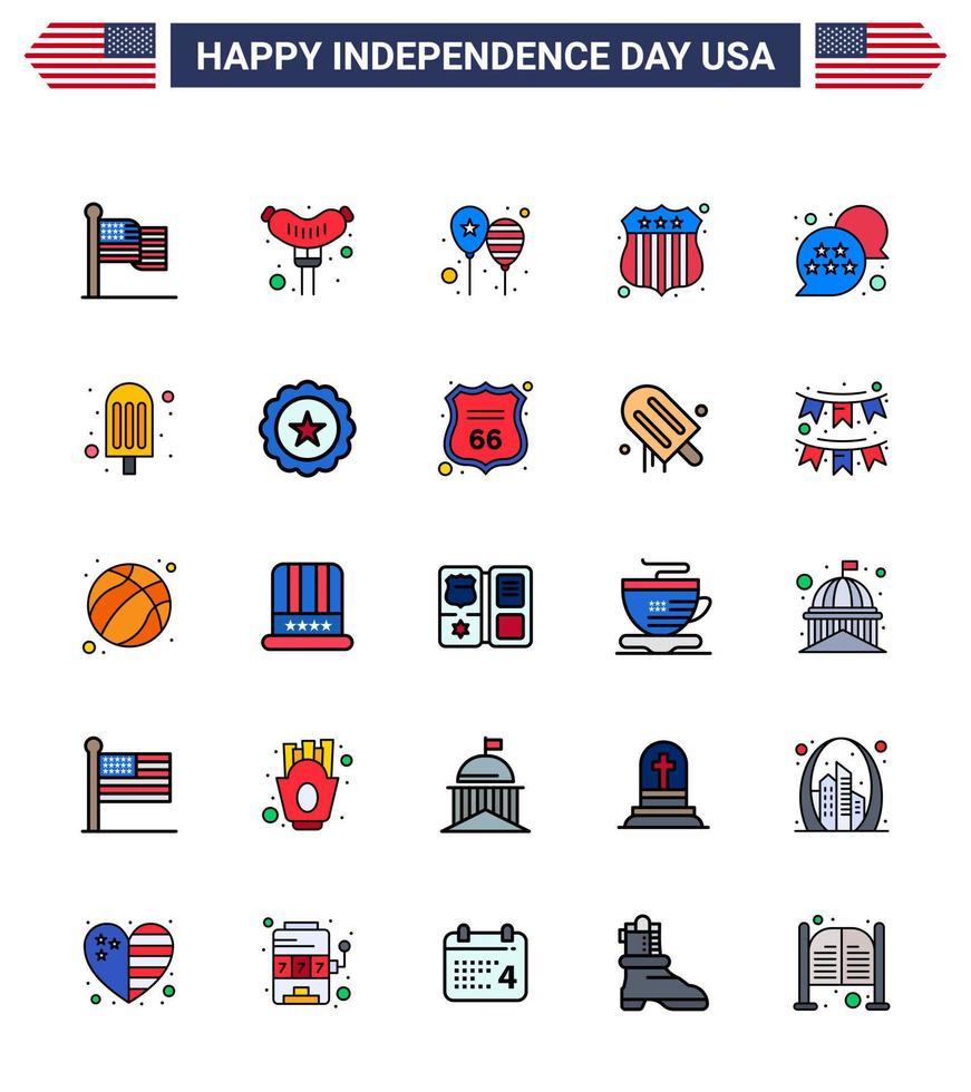 Stock Vector Icon Pack of American Day 25 Flat Filled Line Signs and Symbols for star flag celebrate usa police badge Editable USA Day Vector Design Elements