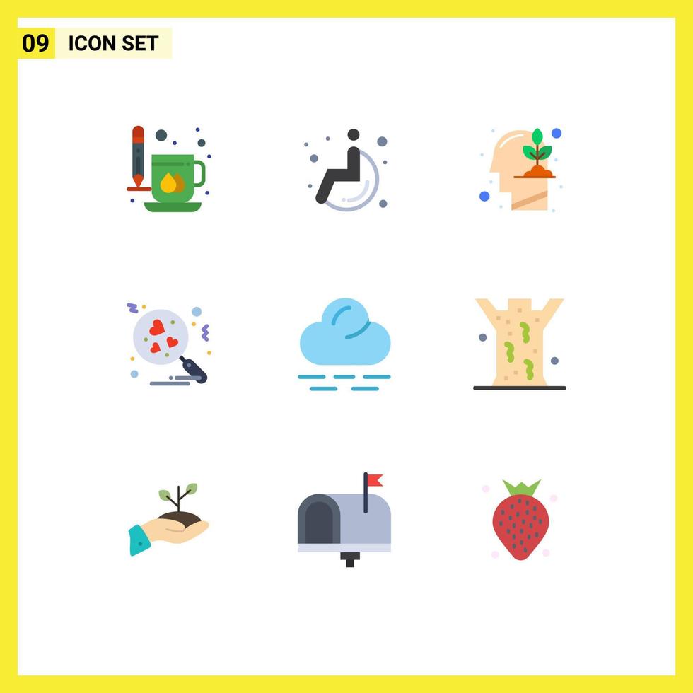 Set of 9 Commercial Flat Colors pack for weather cloud human search heart Editable Vector Design Elements
