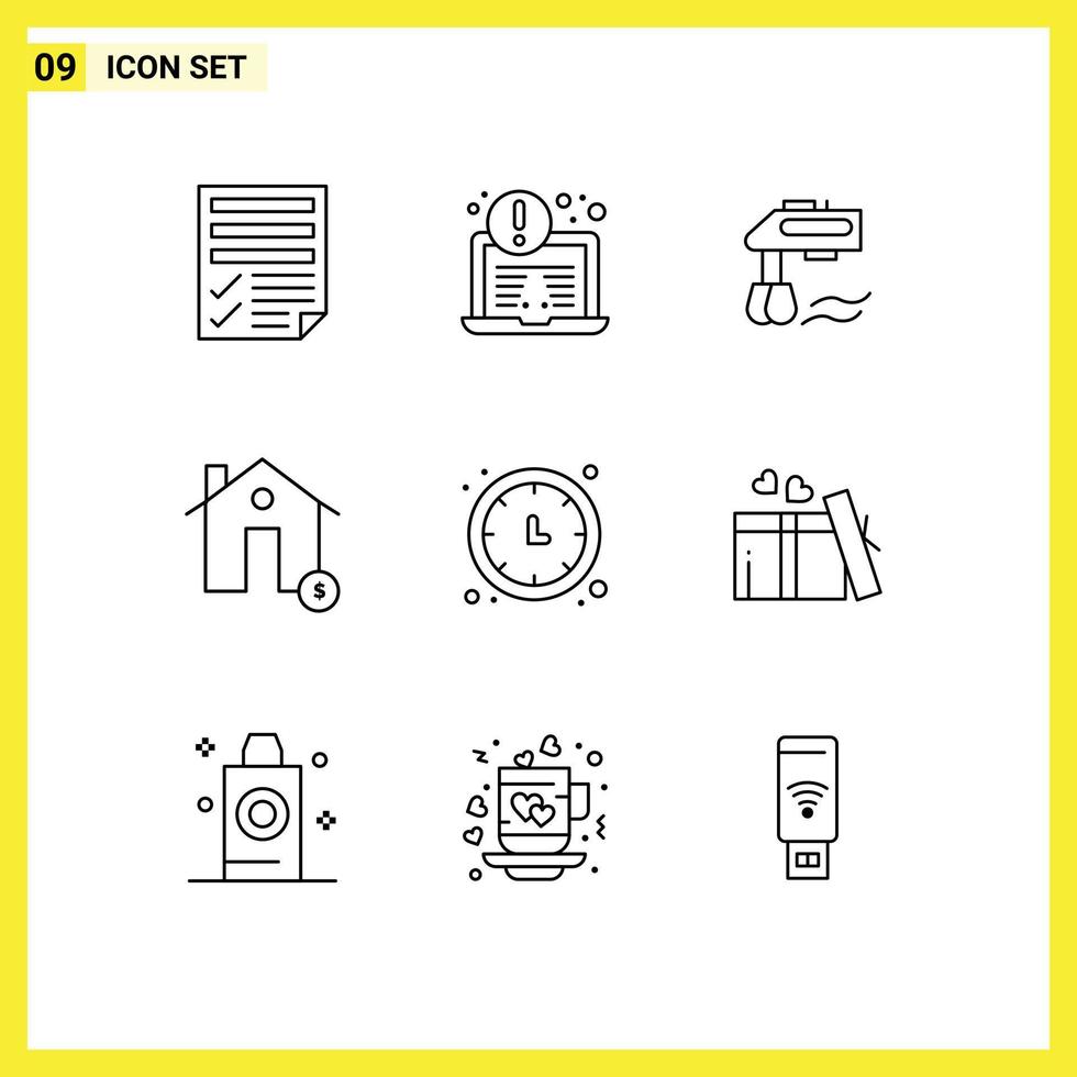 Pack of 9 creative Outlines of clock estate mixer dollar buildings Editable Vector Design Elements