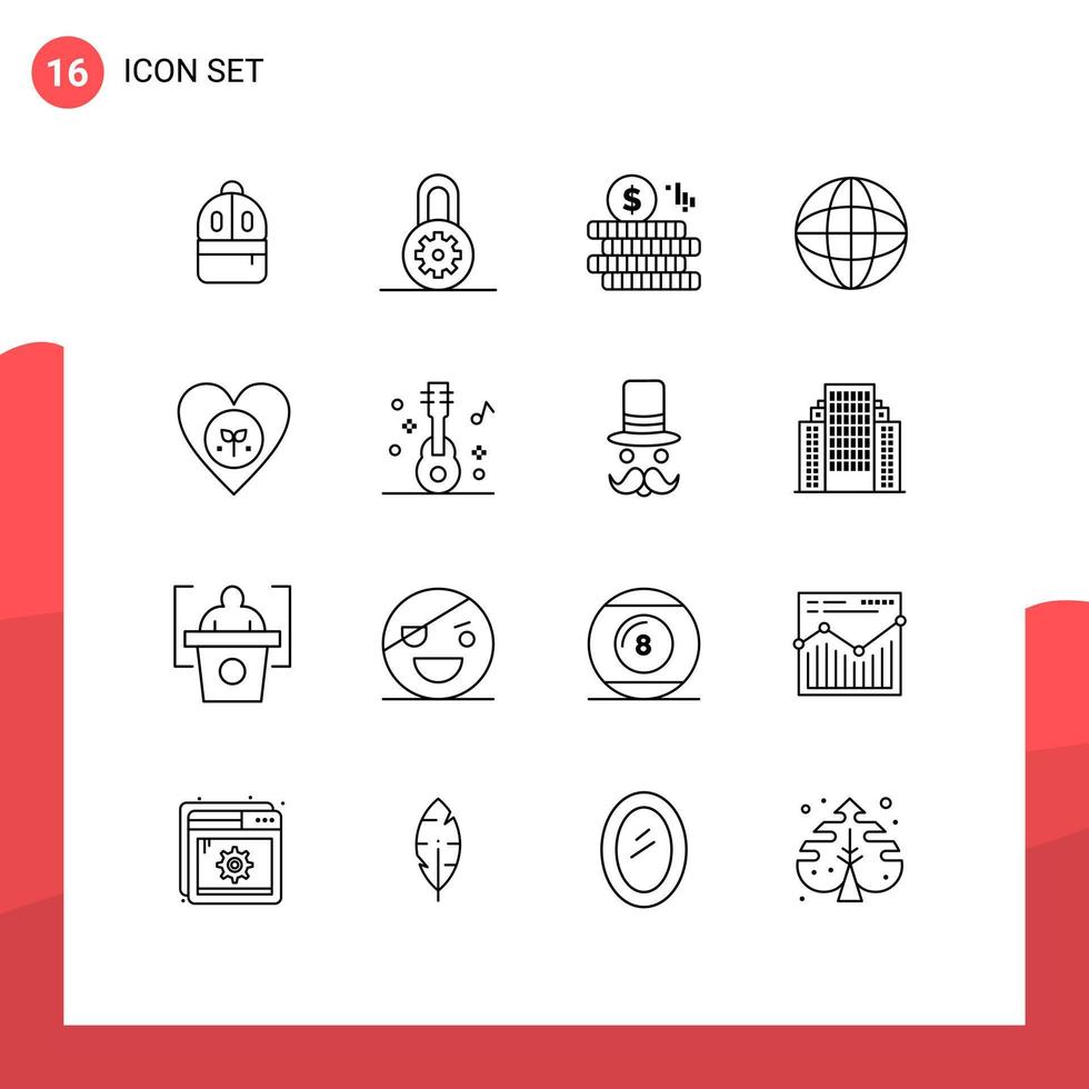 Group of 16 Modern Outlines Set for heart environment coin ecology internet Editable Vector Design Elements