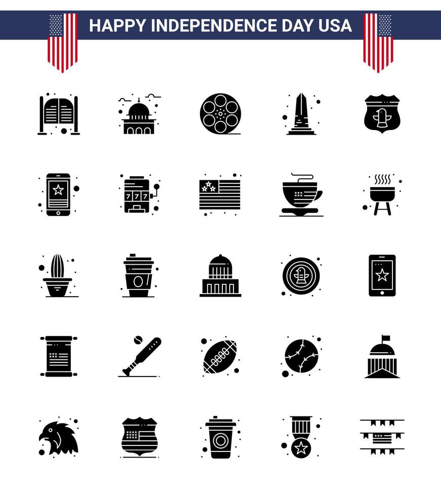 gran paquete de 25 estados unidos feliz día de la independencia usa vector glifo sólido y símbolos editables del monumento de estados unidos video hito de estados unidos elementos de diseño de vector de día de estados unidos editables