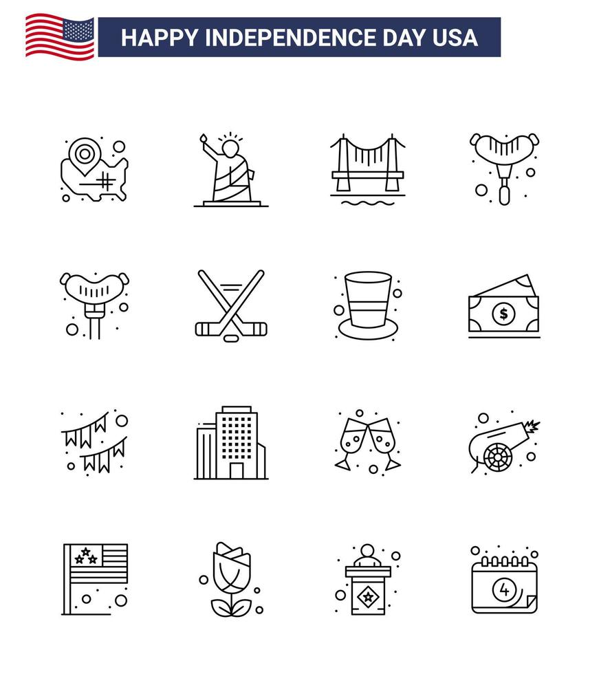 Set of 16 USA Day Icons American Symbols Independence Day Signs for hokey frankfurter statue food city Editable USA Day Vector Design Elements