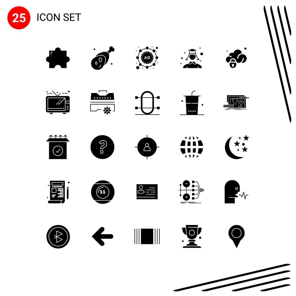 Set of 25 Vector Solid Glyphs on Grid for protection data ad woman graduation Editable Vector Design Elements