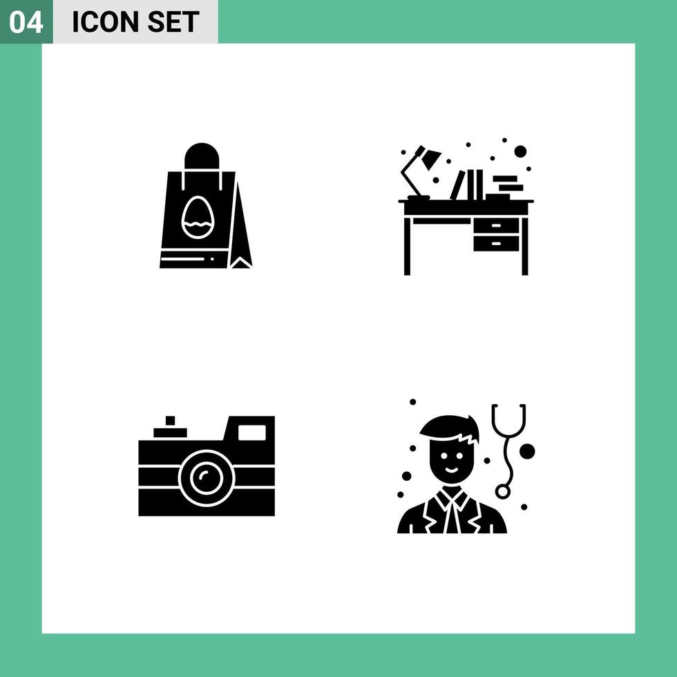 Pack of 4 creative Solid Glyphs of shopping bag antique camera egg interior photography Editable Vector Design Elements