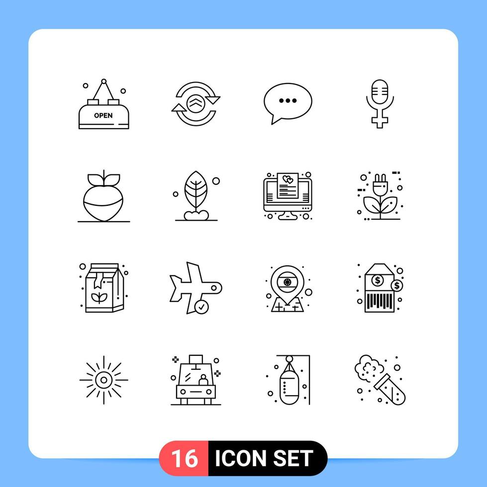 Pack of 16 Modern Outlines Signs and Symbols for Web Print Media such as leaf turnip chat food microphone Editable Vector Design Elements