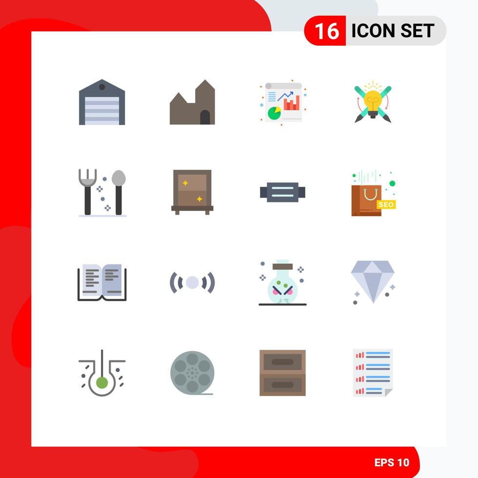paquete de 16 signos y símbolos de colores planos modernos para medios de impresión web, como el éxito de la luz de la industria de enfoque de horquilla, paquete editable de elementos creativos de diseño de vectores