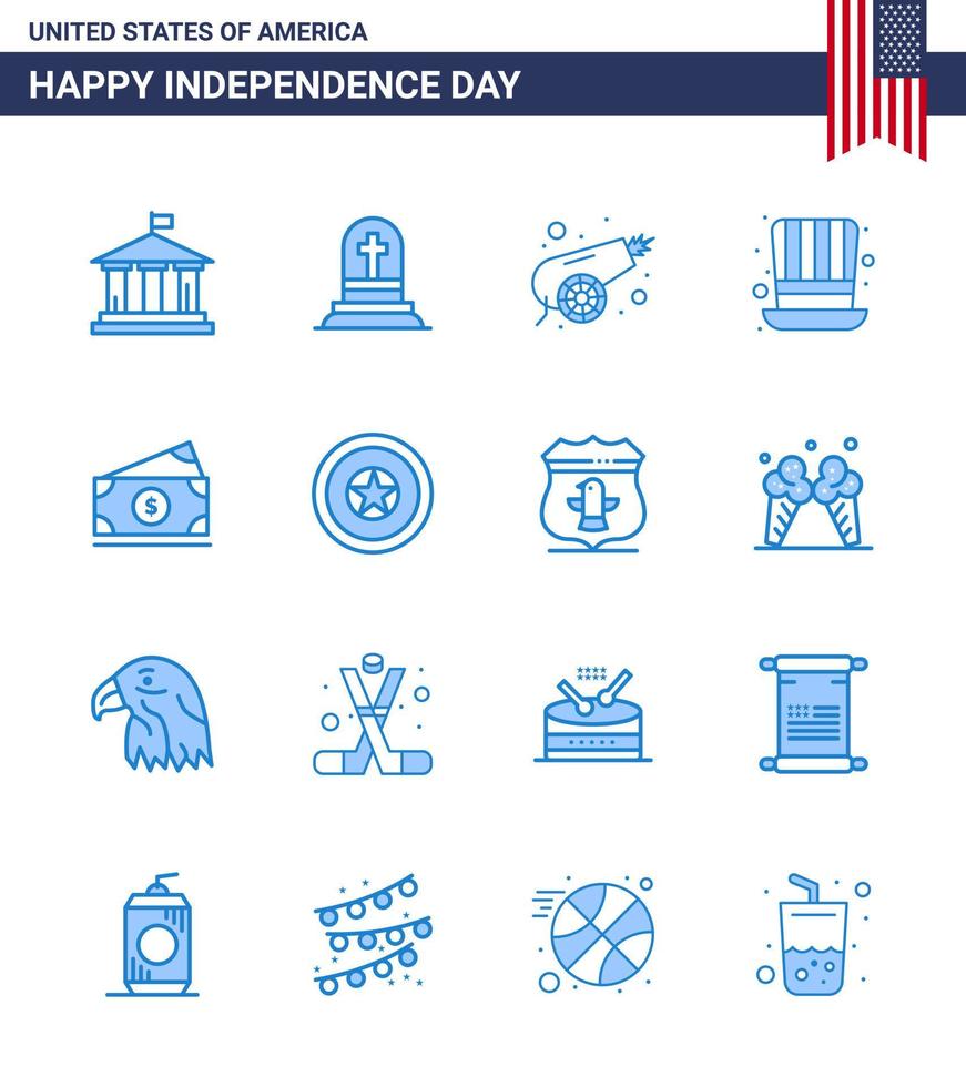 Happy Independence Day 16 Blues Icon Pack for Web and Print money usa army presidents day Editable USA Day Vector Design Elements