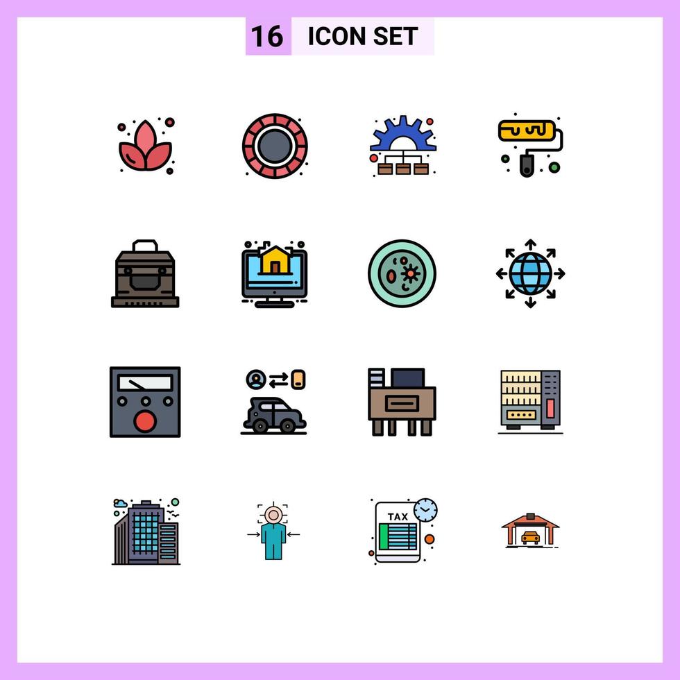 16 User Interface Flat Color Filled Line Pack of modern Signs and Symbols of house chest process box roller Editable Creative Vector Design Elements