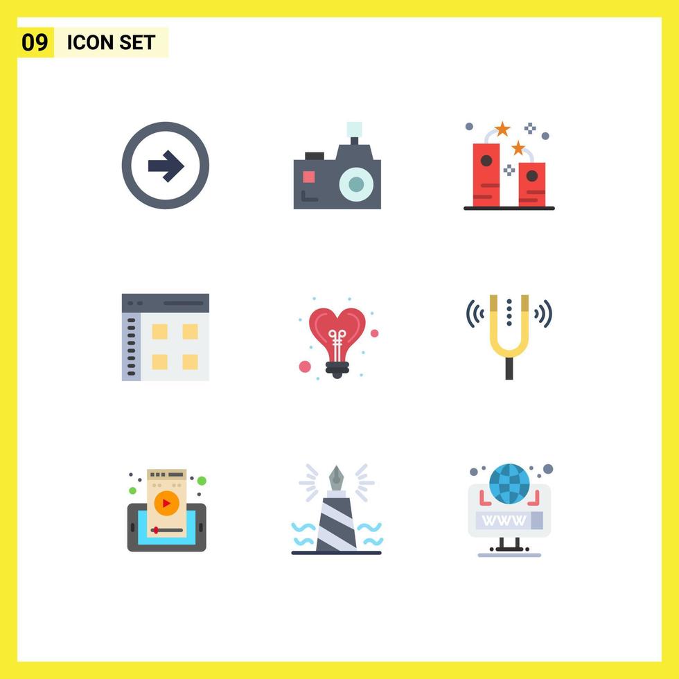 9 User Interface Flat Color Pack of modern Signs and Symbols of interface app photographer party firework Editable Vector Design Elements