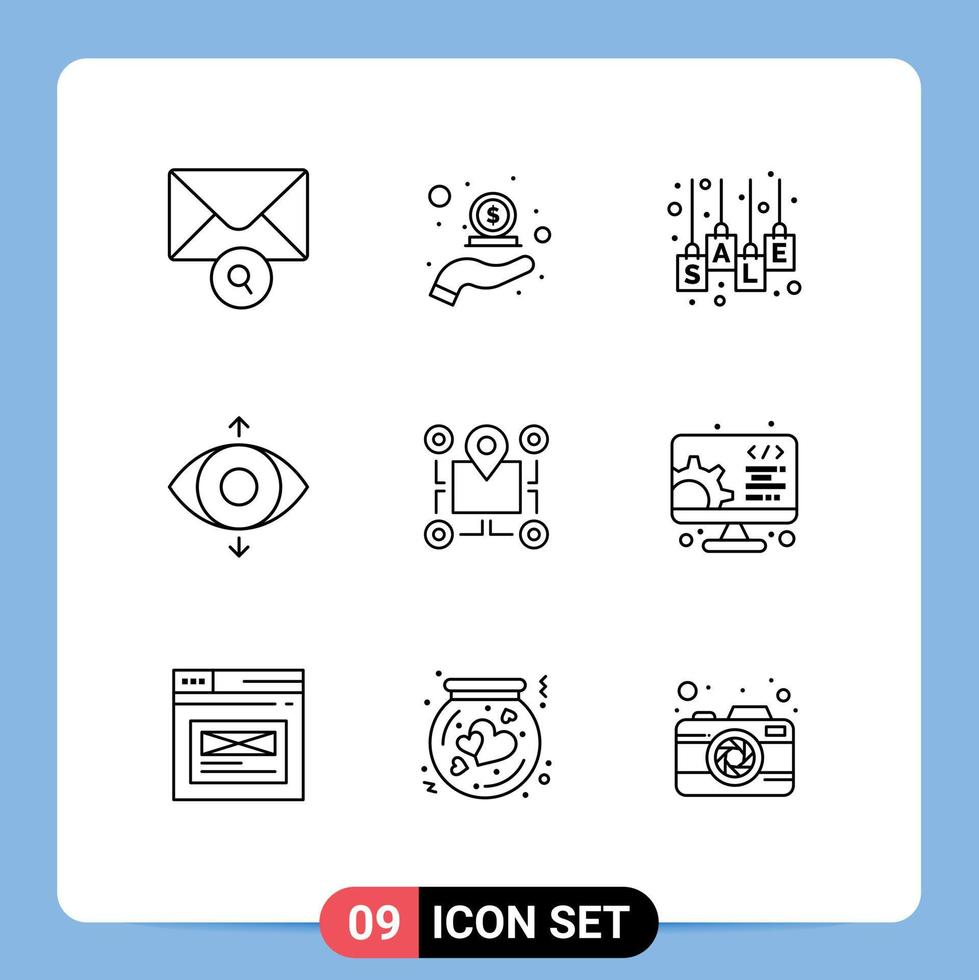 Modern Set of 9 Outlines and symbols such as map view bag focus sale tag Editable Vector Design Elements