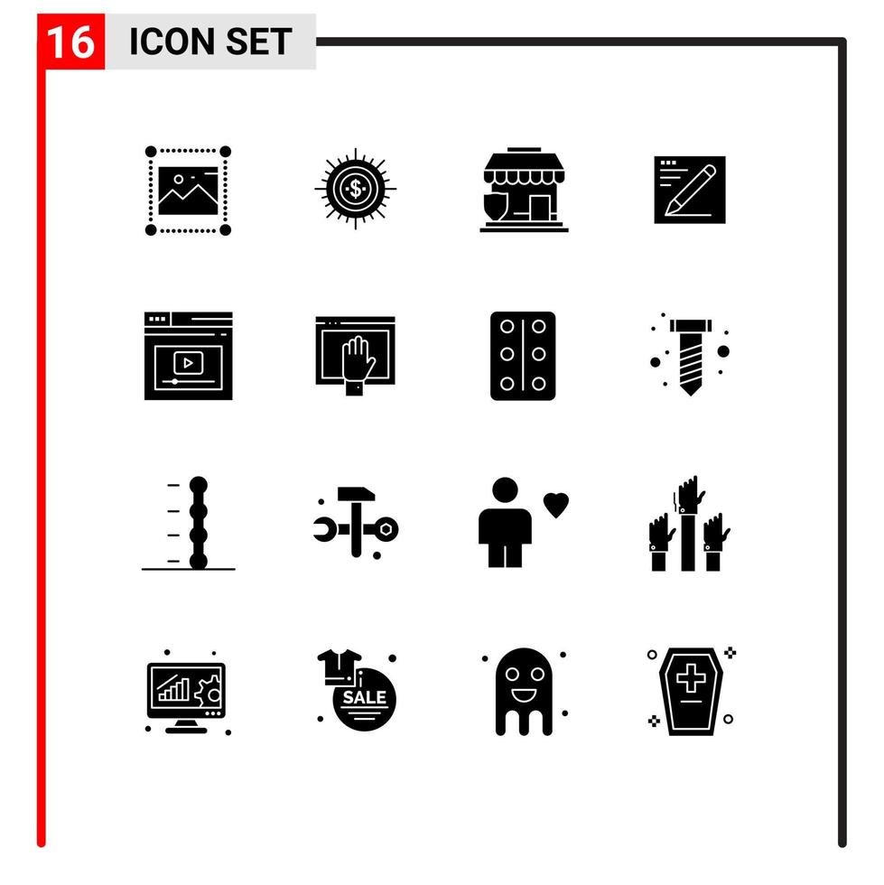 16 Universal Solid Glyph Signs Symbols of pencil shop finance security insurance Editable Vector Design Elements