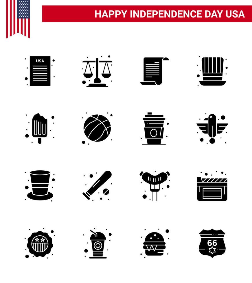 16 USA Solid Glyph Pack of Independence Day Signs and Symbols of food cold text usa hat Editable USA Day Vector Design Elements