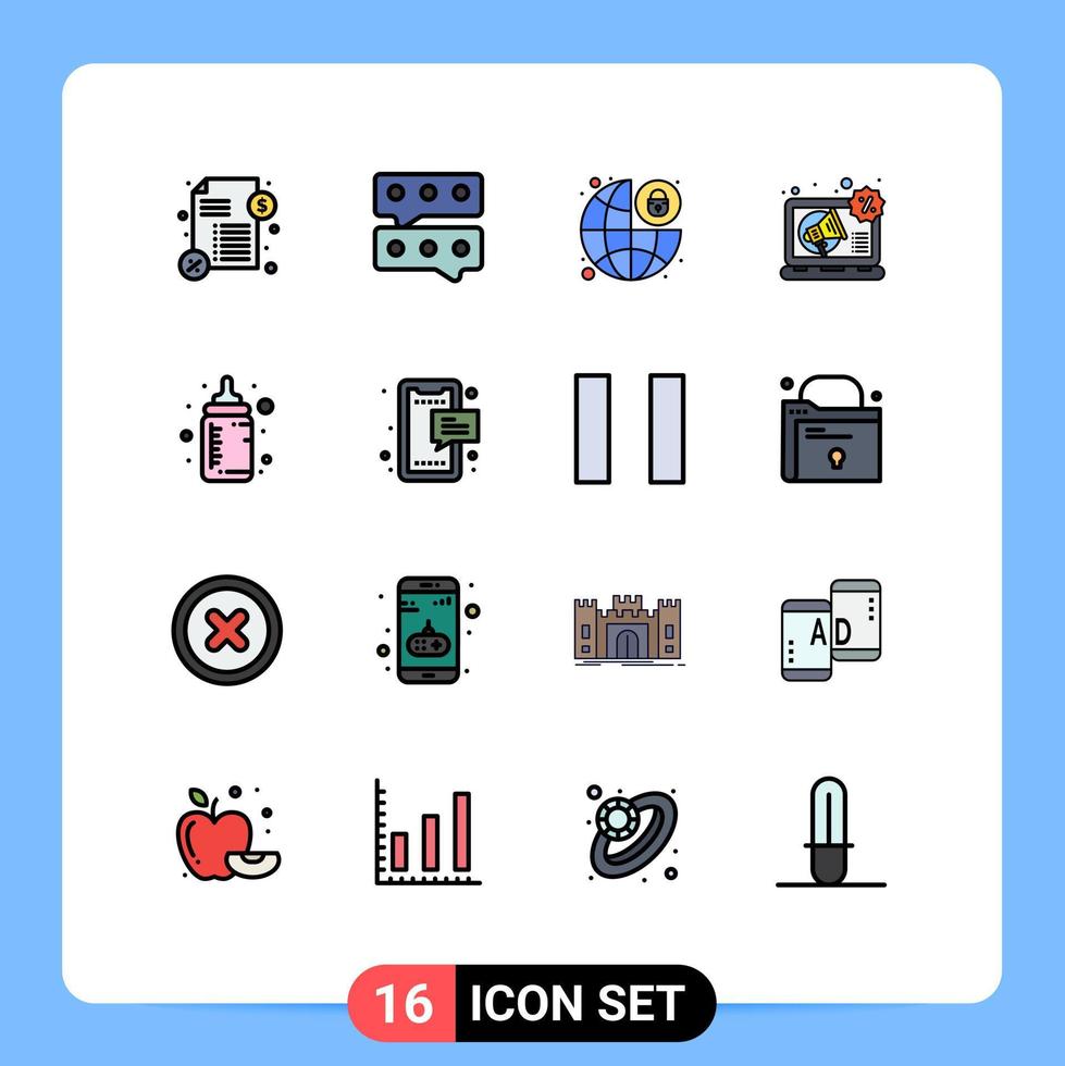 Editable Vector Line Pack of 16 Simple Flat Color Filled Lines of drink feeder padlock baby marketing Editable Creative Vector Design Elements