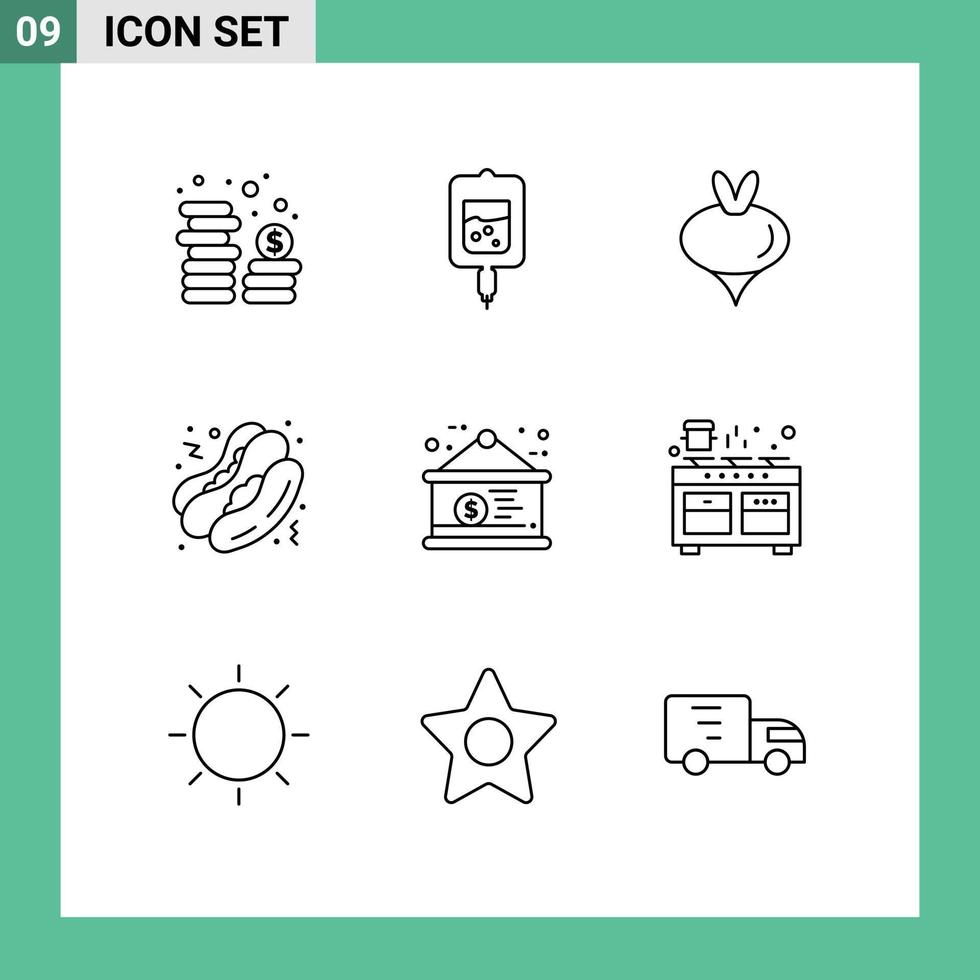 Mobile Interface Outline Set of 9 Pictograms of dollar board food fast food hot dog Editable Vector Design Elements