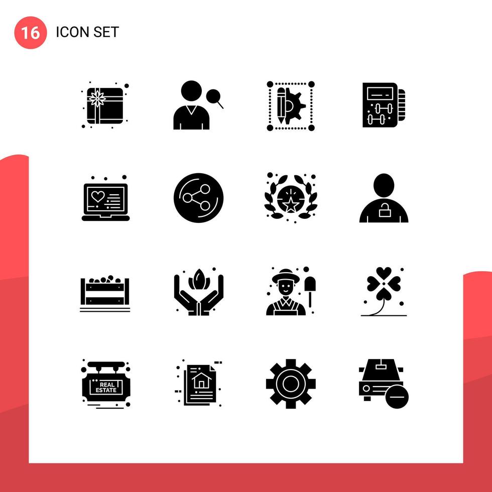 Modern Set of 16 Solid Glyphs Pictograph of treatment medical gear laptop healthy Editable Vector Design Elements