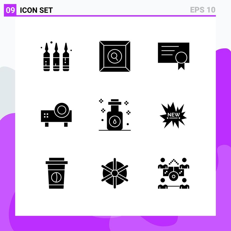 Set of 9 Commercial Solid Glyphs pack for oil aromatherapy diploma video projector projector Editable Vector Design Elements