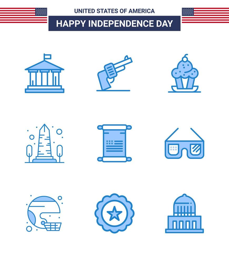 Big Pack of 9 USA Happy Independence Day USA Vector Blues and Editable Symbols of washington sight cake monument thanksgiving Editable USA Day Vector Design Elements