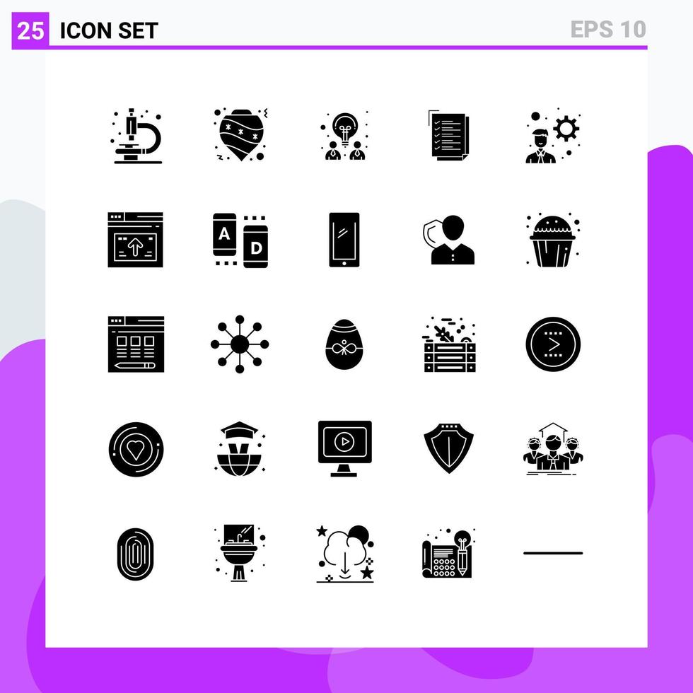 Set of 25 Commercial Solid Glyphs pack for development notepad creative work task check list Editable Vector Design Elements