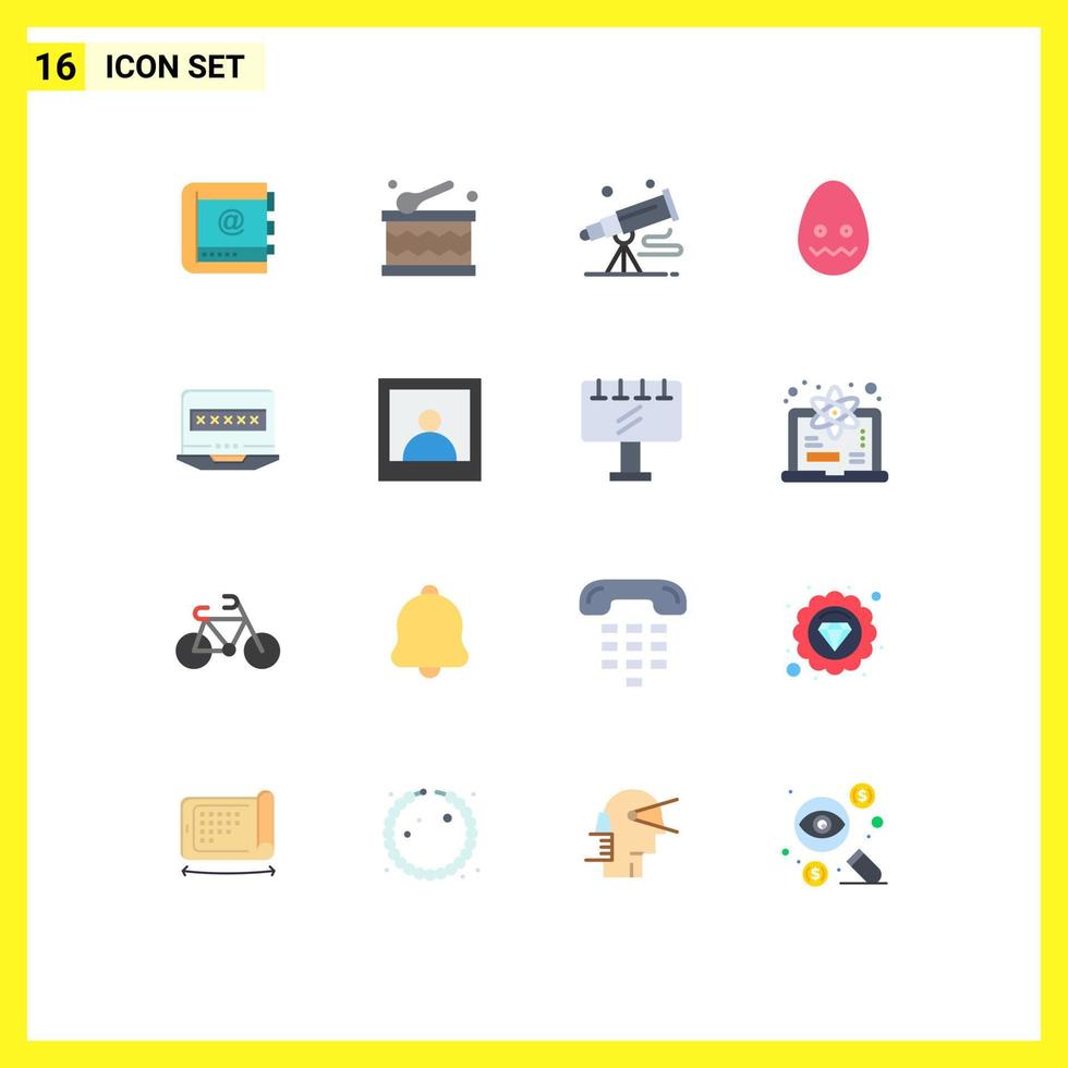 Pack of 16 Modern Flat Colors Signs and Symbols for Web Print Media such as easter celebration festival space telescope Editable Pack of Creative Vector Design Elements