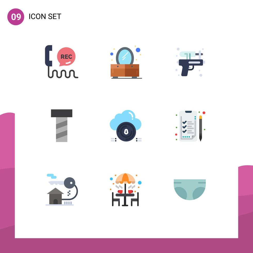 User Interface Pack of 9 Basic Flat Colors of cloud secure gun safe bolt Editable Vector Design Elements