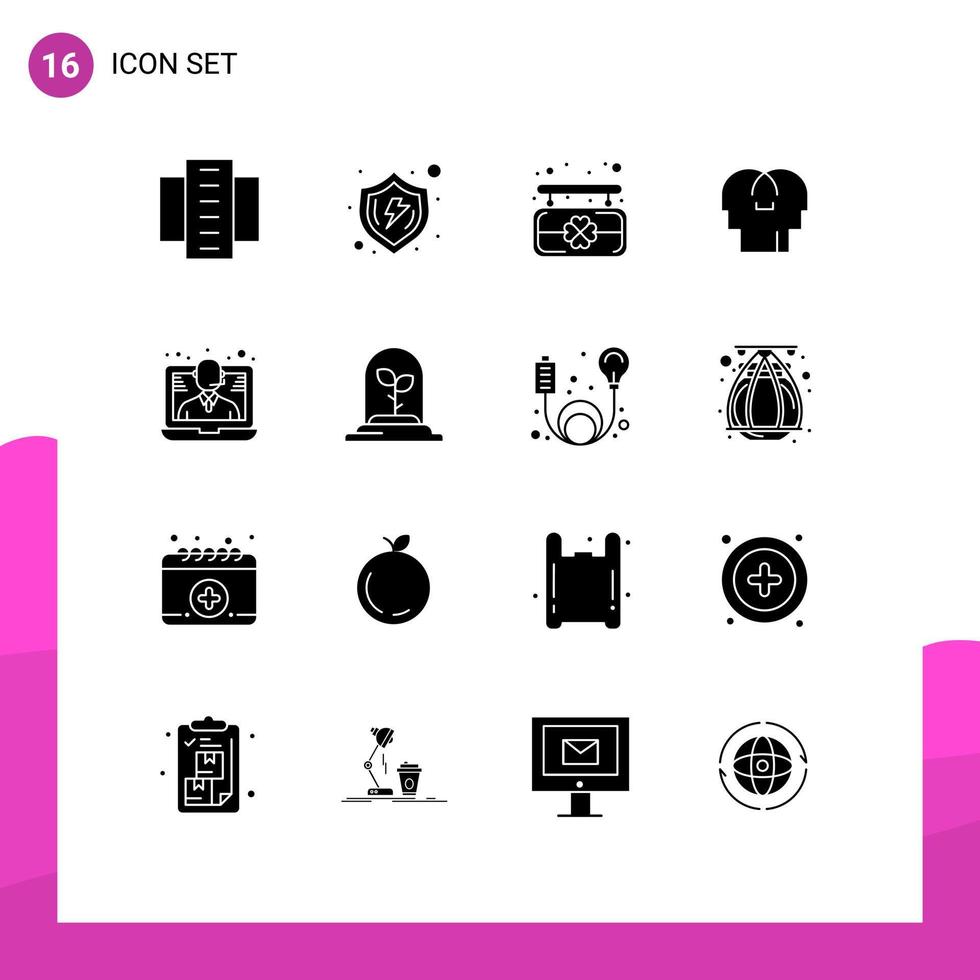 Universal Icon Symbols Group of 16 Modern Solid Glyphs of conference mind shield feelings patrick Editable Vector Design Elements