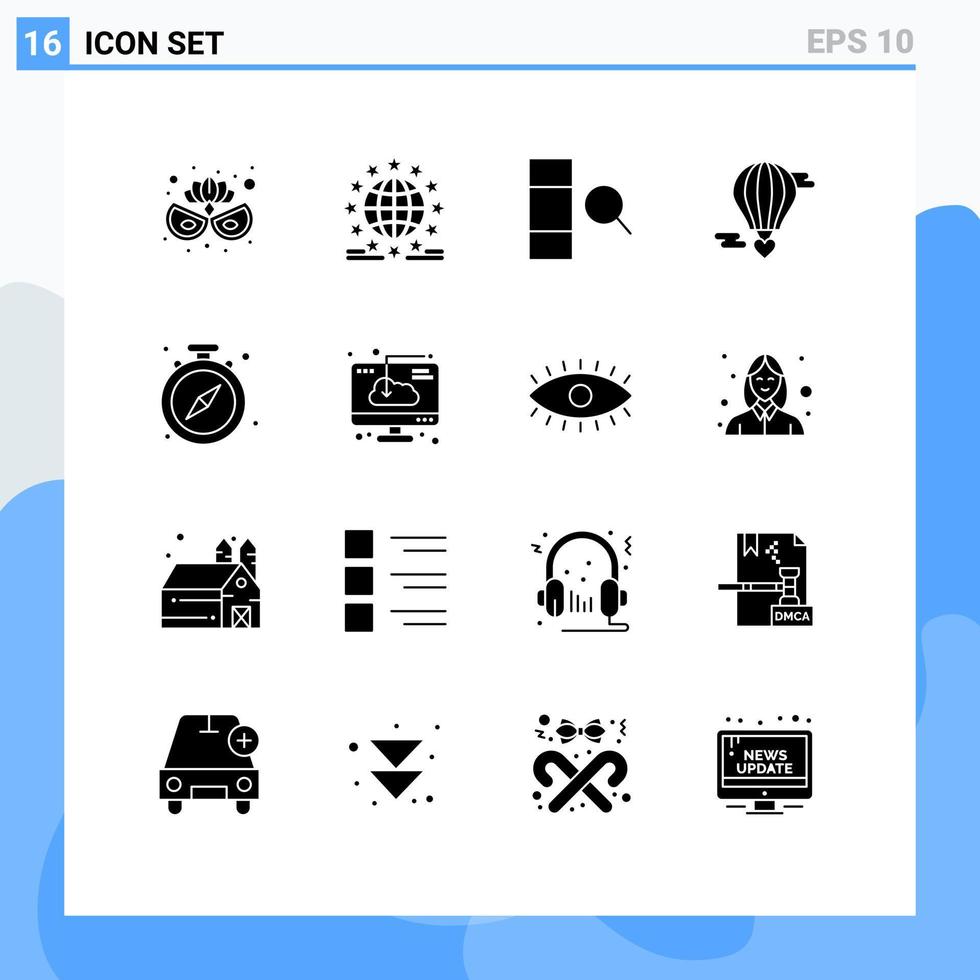 Pack of 16 Modern Solid Glyphs Signs and Symbols for Web Print Media such as stop valentine column love flying baloon Editable Vector Design Elements