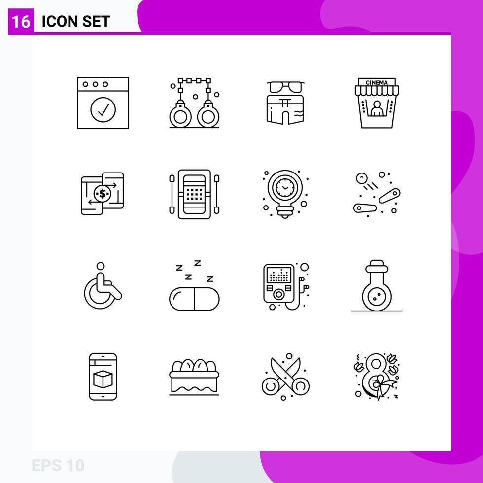 Universal Icon Symbols Group of 16 Modern Outlines of money theater summer movie theater cinema Editable Vector Design Elements