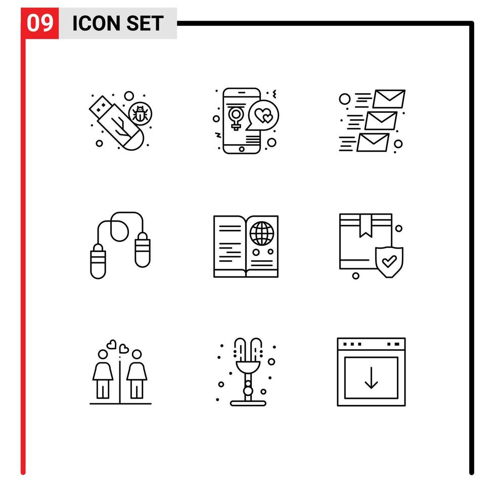 Universal Icon Symbols Group of 9 Modern Outlines of jumping fitness lover exercise mailing Editable Vector Design Elements