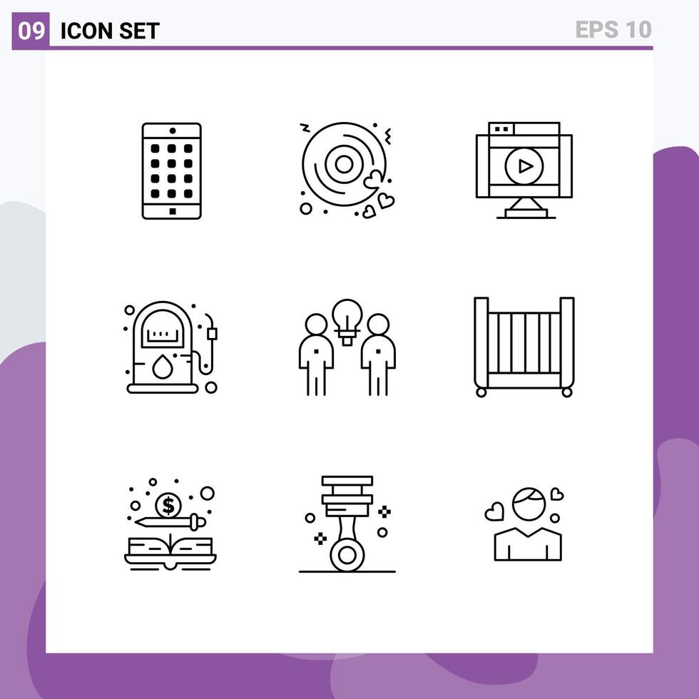 Universal Icon Symbols Group of 9 Modern Outlines of brainstorm gasoline internet gas video Editable Vector Design Elements
