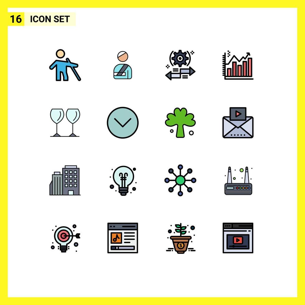 conjunto de líneas llenas de color plano de interfaz móvil de 16 pictogramas de análisis de configuración de negocio gráfico elementos de diseño de vector creativo editables a la derecha