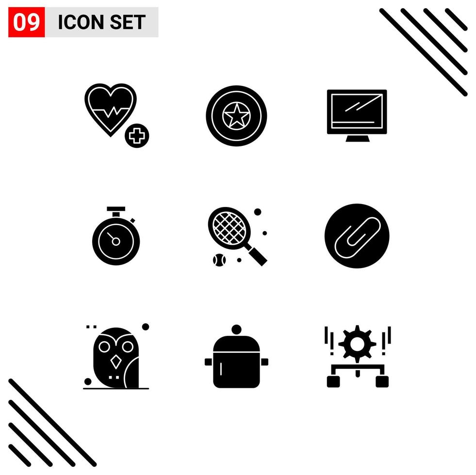 Set of 9 Modern UI Icons Symbols Signs for racket watch computer stopwatch pc Editable Vector Design Elements