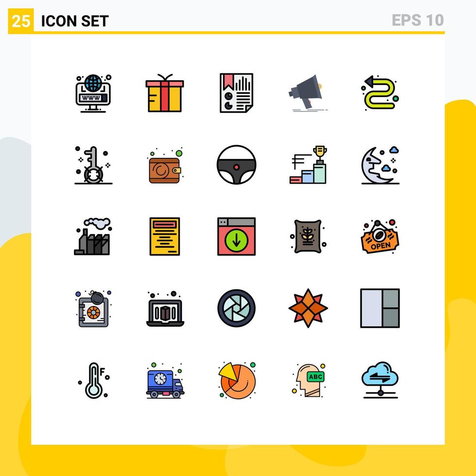 grupo de 25 signos y símbolos de colores planos de línea rellena para elementos de diseño de vectores editables de informes digitales de marcadores de marketing de megáfonos